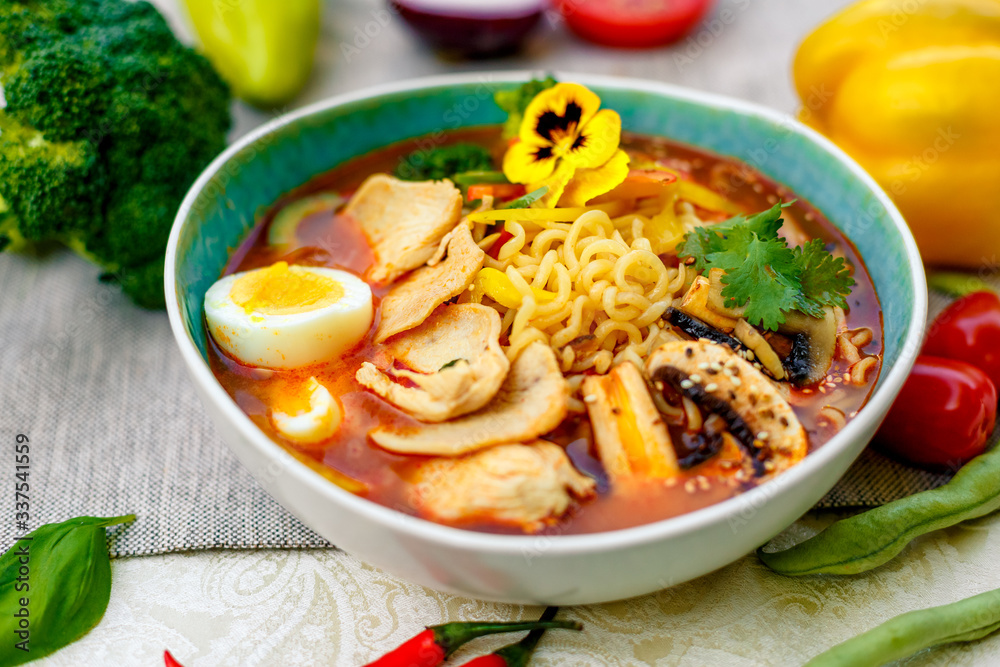 ramen noodles with korean noodles served on the table