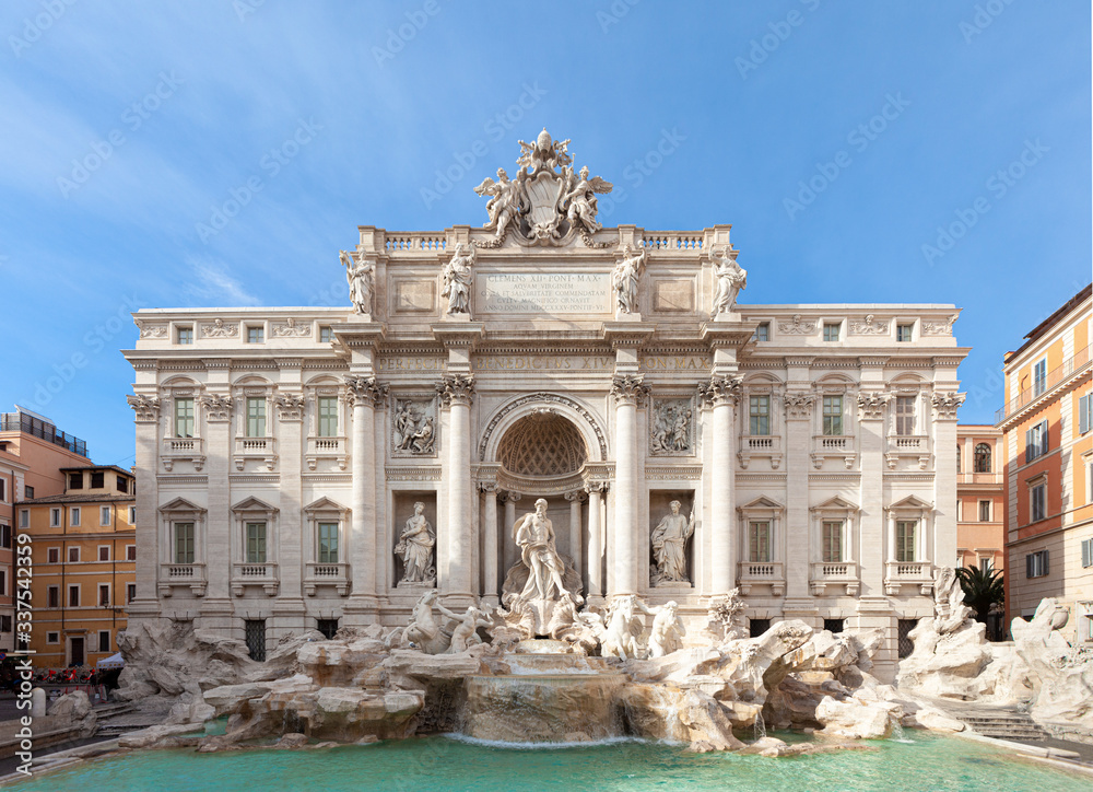 Trevi Fountain (Fontana di Trevi). Front view of fountain in the Trevi district in Rome, Italy. No people