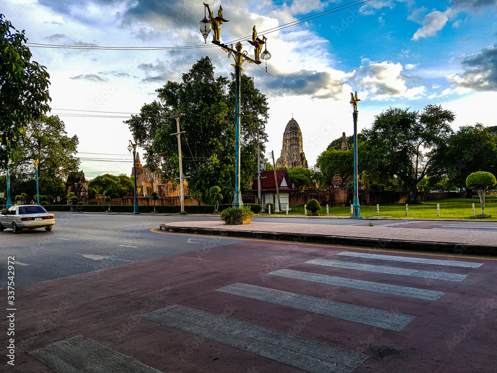 Sunset sundown evening street lamps crosswalk wat mahathat temple unesco world heritage Ayuthaya Thailand Asia