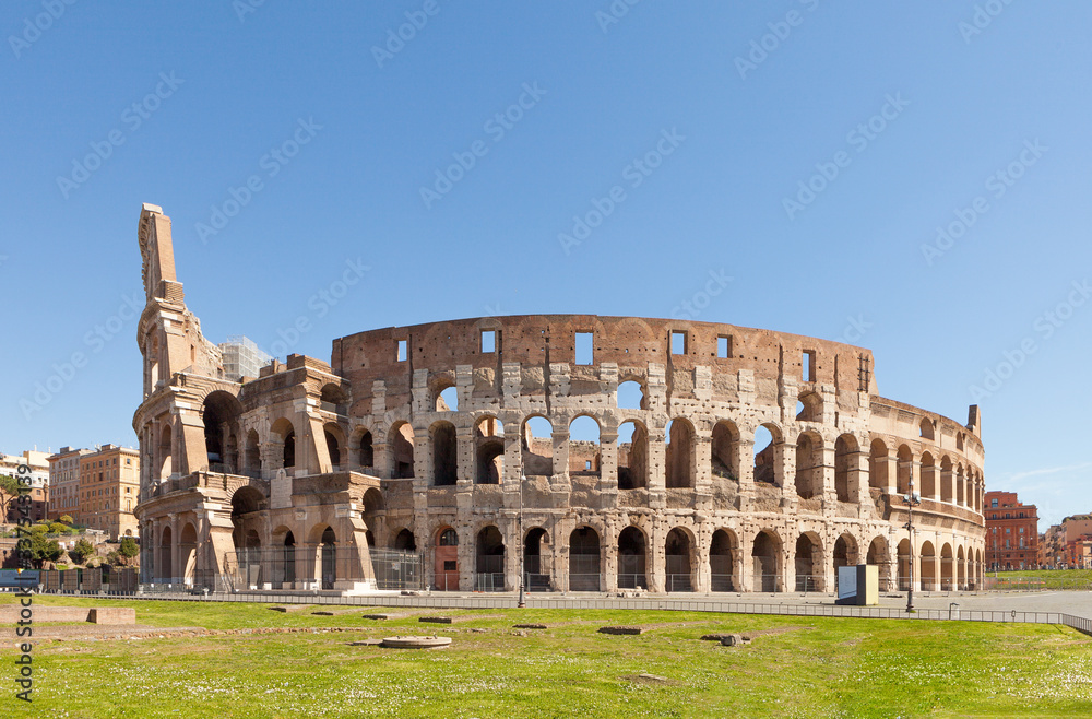 Colosseum or Coliseum (Flavian Amphitheatre or Amphitheatrum Flavium or Anfiteatro Flavio or Colosseo. Oval amphitheatre in the centre of the city of Rome, Italy