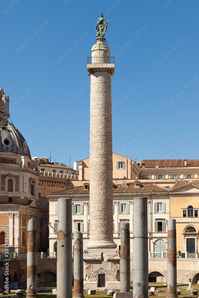 Trajan Column (Colonna Traiana). Roman triumphal column in Rome, Italy. View from Trajan forum.