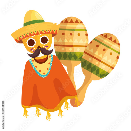 Mexican poncho skull with hat and maracas design, Mexico culture tourism landmark latin and party theme Vector illustration