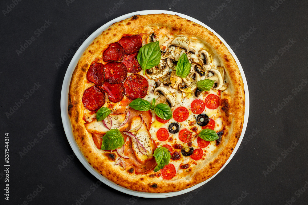 hot italian pizza with cheese and basil, isolated hot italian pizza with cheese and basil, isolated