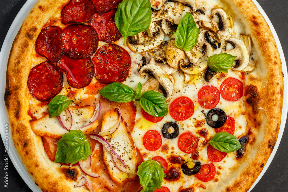 hot italian pizza with cheese and basil, isolated hot italian pizza with cheese and basil, isolated