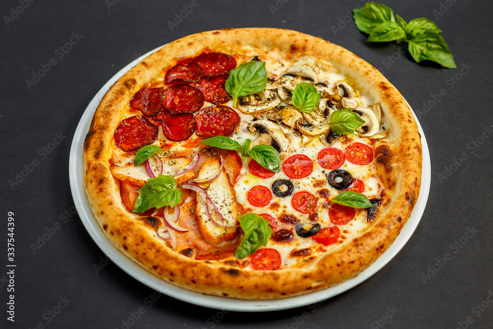 hot italian pizza with cheese and basil, isolated