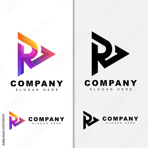 modern color initial Letter R media play logo design two version