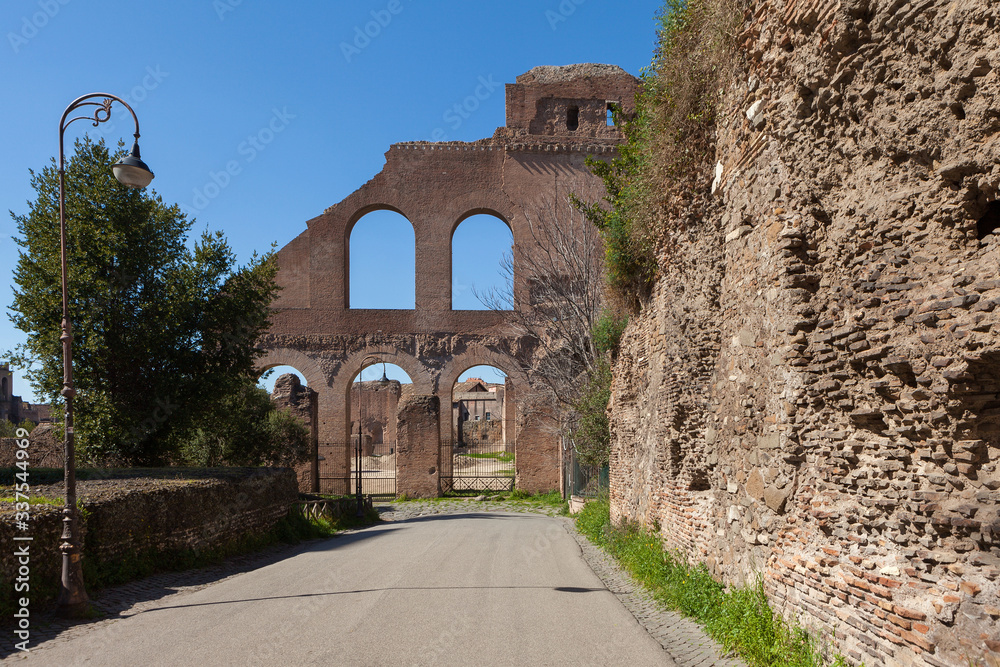 Walls of The Basilica of Maxentius and Constantine (Basilica di Massenzio) fromt Clivo di Venere Felice. Rome, Italya