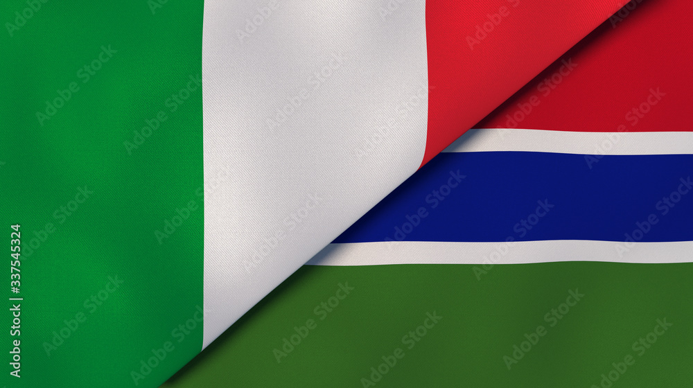 The flags of Italy and Gambia. News, reportage, business background. 3d illustration