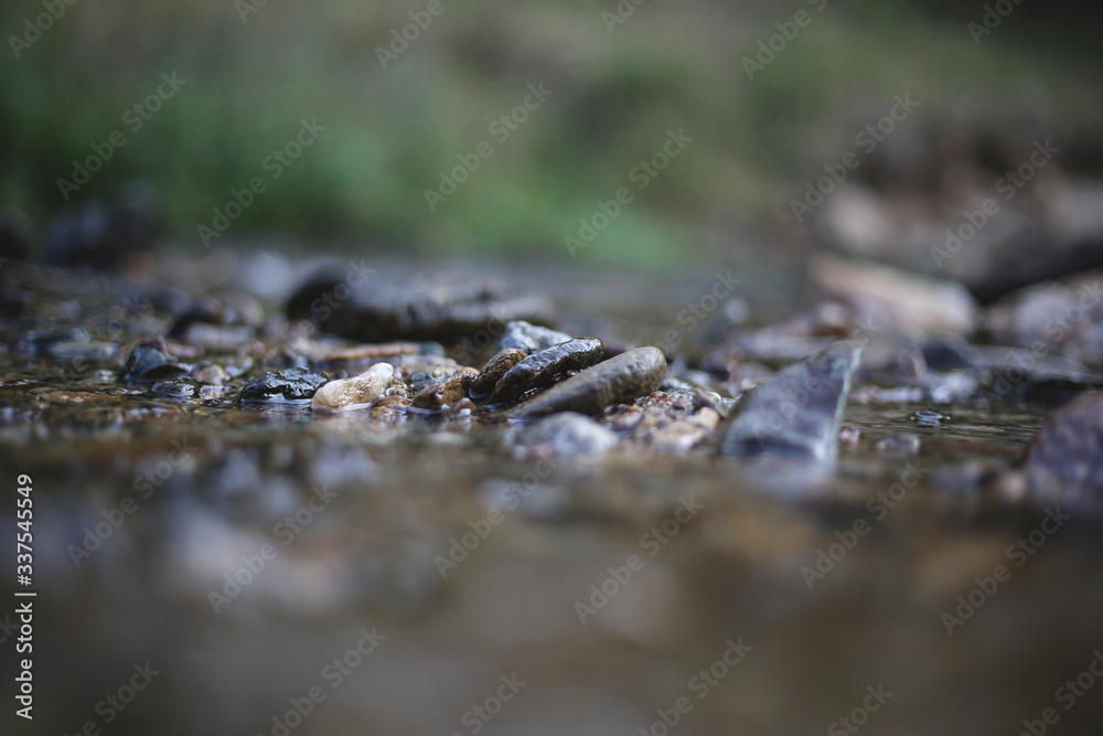 A river with clear water and various stones in it A river with clear water and various stones in it