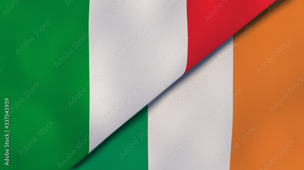 The flags of Italy and Ireland. News, reportage, business background. 3d illustration