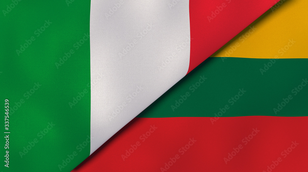 The flags of Italy and Lithuania. News, reportage, business background. 3d illustration