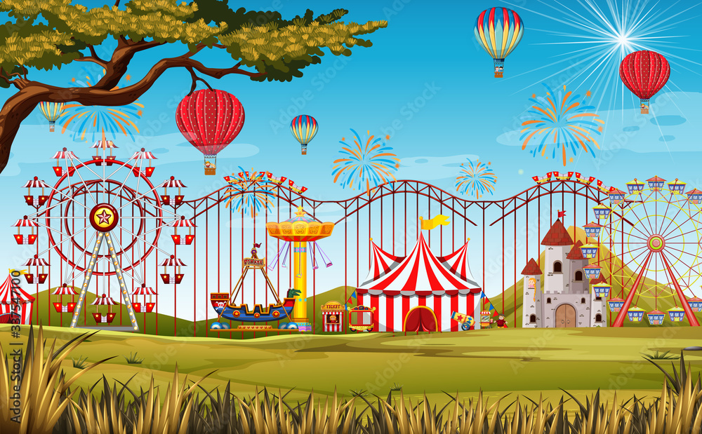 Themepark scene with many rides in the big field Themepark scene with many rides in the big field