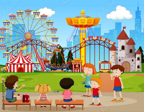 Themepark scene with many rides and happy children