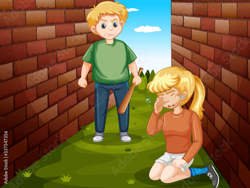 Domestic violence scene with angry man beating up a girl