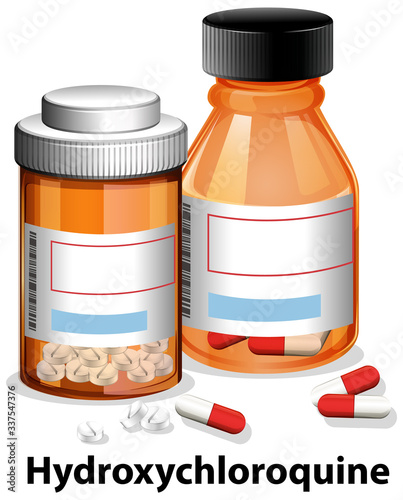 Hydroxychloroquine pills in two bottles on white background