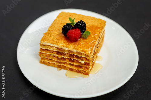 a slice of honey cake with berries, sweet dessert