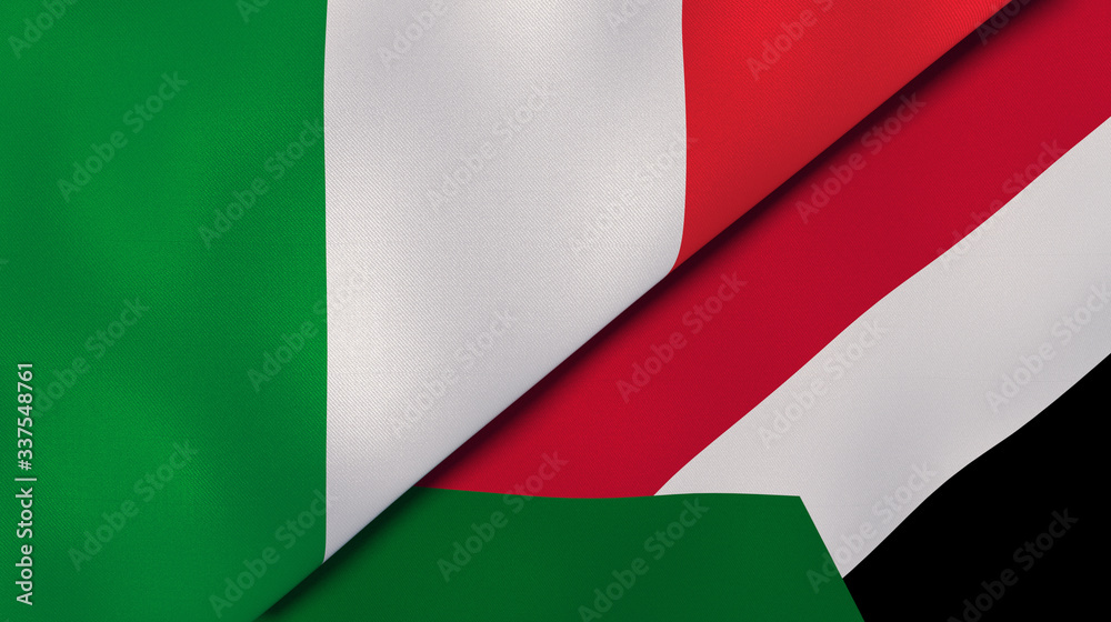 The flags of Italy and Sudan. News, reportage, business background. 3d illustration