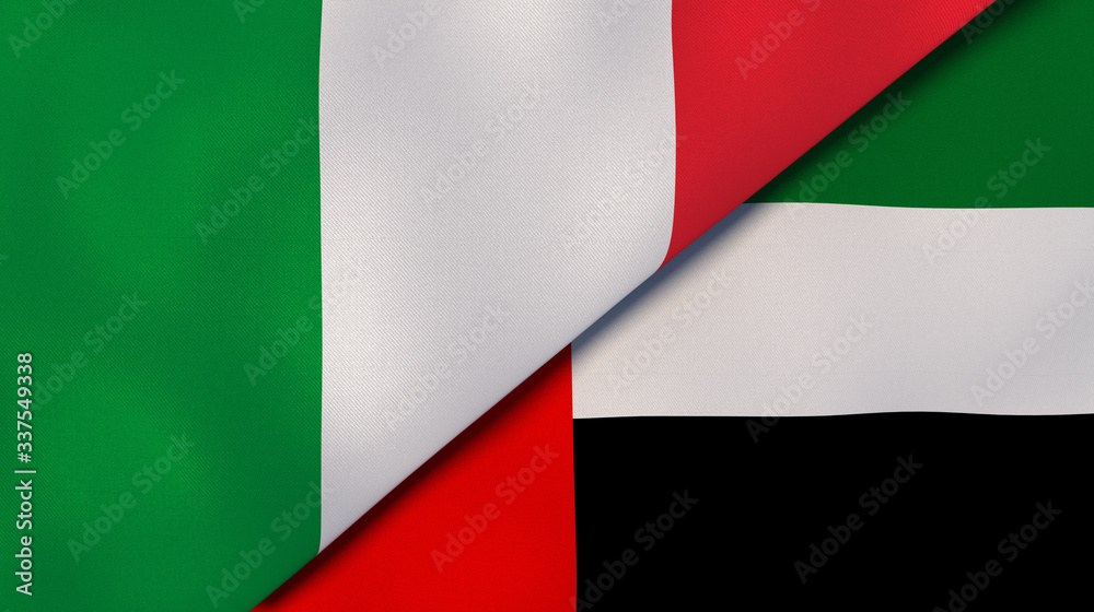 The flags of Italy and United Arab Emirates. News, reportage, business background. 3d illustration