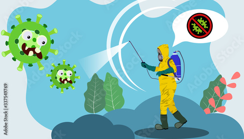 Illustration vector graphic of fight covid-19 corona virus. People wearing Hazmat Suit Fight Against Covid-19 with virus concept. Vector Fight virus. stopping corona virus. flat illustration. eps10.