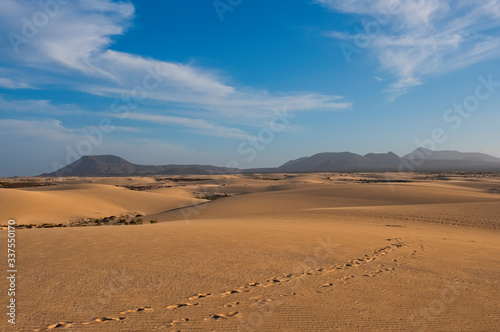 Ripples on sand dune near Corralejo with volcano mountains in the background  Fuerteventura  Canary Islands  Spain. October 2019