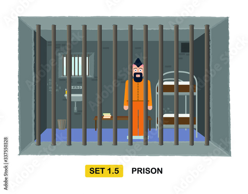 Criminal behind jail bars. Flat vector illustration of a prisoner in jail.