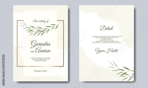 Elegant wedding invitation card template design with golden frame and leaves Premium Vector