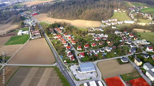 Aerial 4k footage of small village near Linz, Austria photo