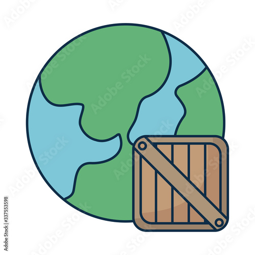 planet earth with wooden box on white background