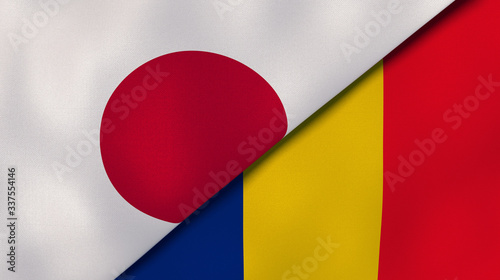 The flags of Japan and Romania. News, reportage, business background. 3d illustration