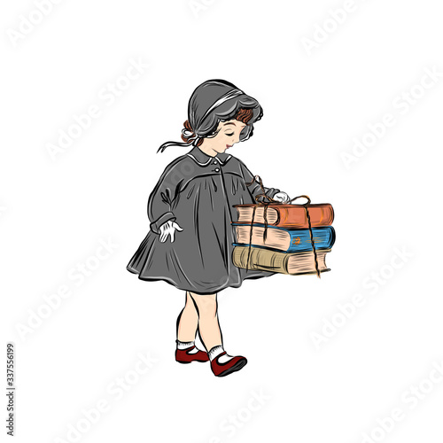 Little girl holds stack of books. Clever kid dressed in grey dress and hat in vintage style. Character preschool age.