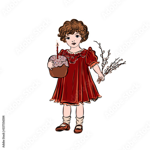 Retro girl with Easter cake and willow branches. Spring religious festival composition for vintage greeting card. Hand drawn clip art. Child wishes a happy holiday. 
