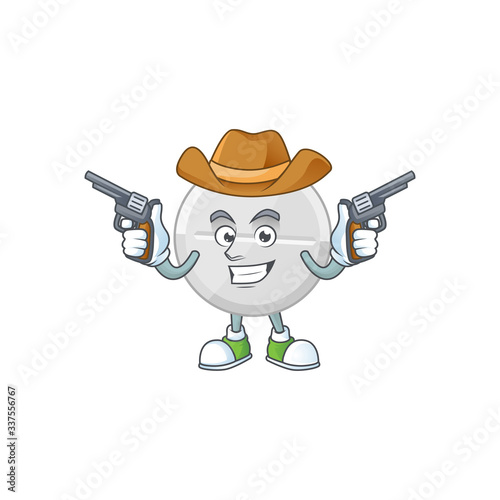 A cowboy cartoon character of white pills holding guns