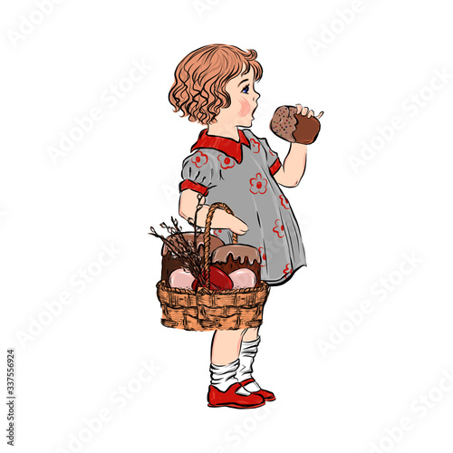 Vintage girl eat cake and holding basket of Easter colored eggs. Spring religious holiday composition for retro style greeting card. Hand drawn clip art. Happy childhood. 