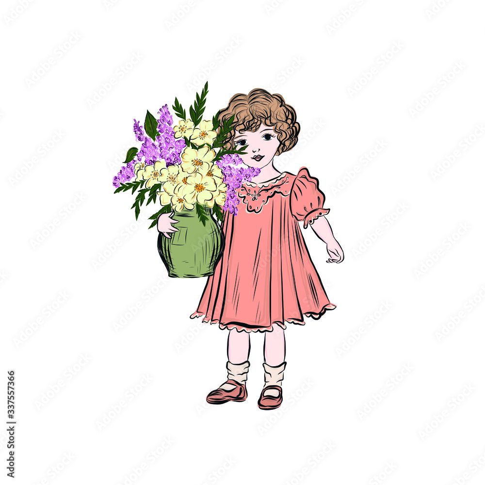 Cute baby girl holding vase with bouquet of wildflowers. Lady in vintage style from the nineteenth century. Drawing for design of greeting card happy mother's day, happy birthday or women's day. Cute baby girl holding vase with bouquet of wildflowers. Lady in vintage style from the nineteenth century. Drawing for design of greeting card happy mother's day, happy birthday or women's day.