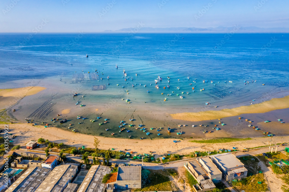 Aerial view of boats on beach at My Hiep, Phan Rang, Ninh Thuan, Vietnam.