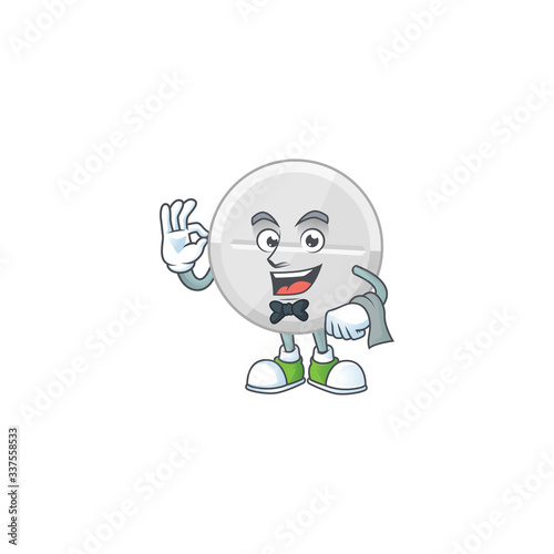 A white pills waiter cartoon character ready to serve