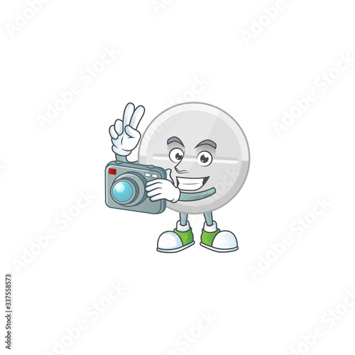 White pills photographer mascot design concept using an expensive camera