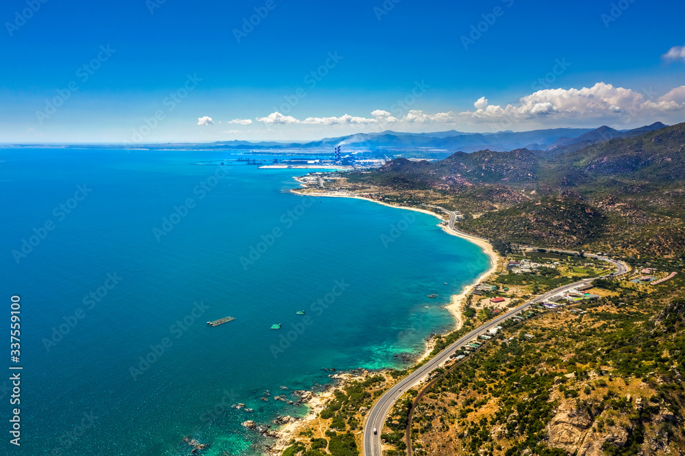 Aerial view of road from Cam Ranh to Phan Rang, Ninh Thuan, Vietnam