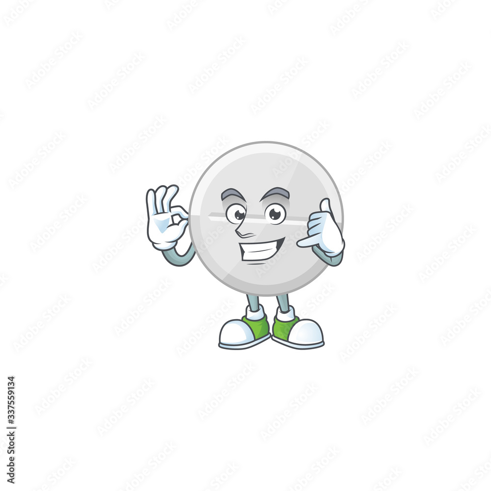 White pills mascot cartoon design make a call gesture