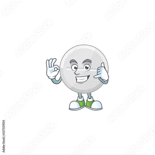 White pills mascot cartoon design make a call gesture