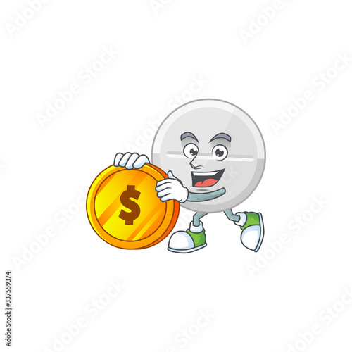 White pills rich cartoon character have big gold coin