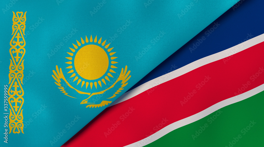 Fototapeta The flags of Kazakhstan and Namibia. News, reportage, business background. 3d illustration
