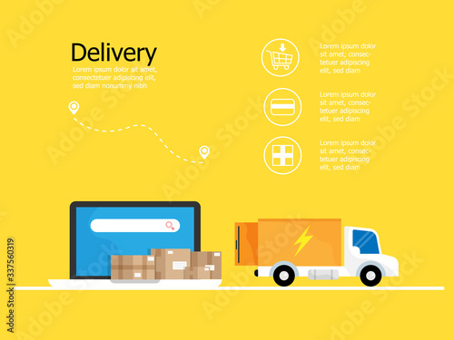 online delivery application on laptop and parcel box with truck