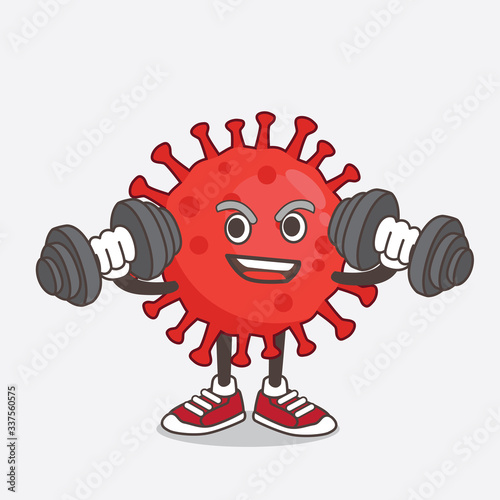 Red Virus cartoon mascot character on fitness exercise trying barbells