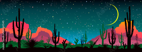 Night starry sky over the mexican desert. Landscape with various cacti against the backdrop of mountains and the night starry sky