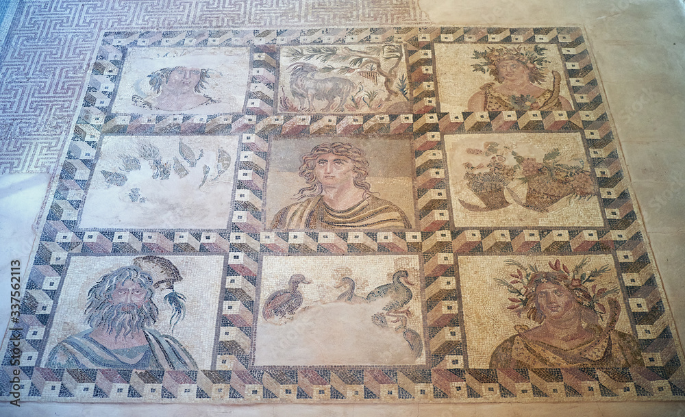 Four Seasons mosaic on the floor on the villa Dionysos. Paphos Archaeological Park. Cyprus