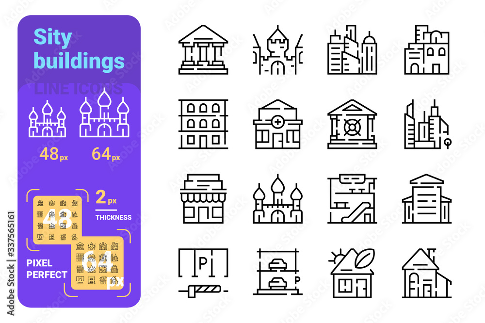 Set city buildings simple lines icons of municipal, cultural, residential.