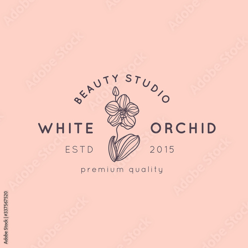 Orchid logo design template in simple minimal linear style. Vector floral emblem and icon for Beauty Salon, SPA.