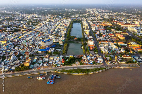 Aerial view of Gieng Nuoc Lon lake in park of  My Tho town center. Tien Giang, Vietnam. Mekong Delta. Near Ben Tre photo