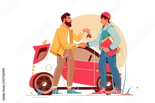Bearded businessman giving keys to young man making car deal.